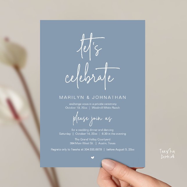 Invitación Let's Celebrate, Modern Minimal Wedding Reception (Let's Celebrate, Modern Minimal Wedding Reception dinner dancing Invitation card dusty blue)