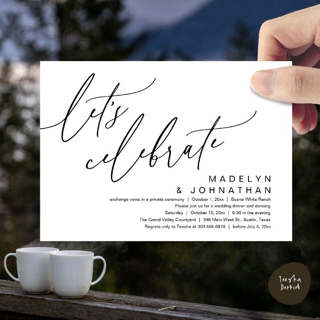 Invitación Let's Celebrate, Romantic Wedding Elopement Party (Let's Celebrate, Romantic Charm Wedding Elopement Dinner Party Brunch Invites Card PDF White Black)