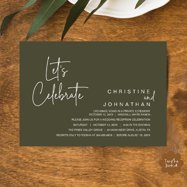 Invitación Let's Celebrate, Wedding Elopement Dinner Party (Let's Celebrate, modern minimal Wedding Elopement Dinner Party Invitation card in olive green)