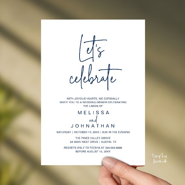 Invitación Let's Celebrate, Wedding Elopement Reception (Let's Celebrate, Modern Minimal Wedding Elopement Reception Dinner Invites Card in Navy Blue)
