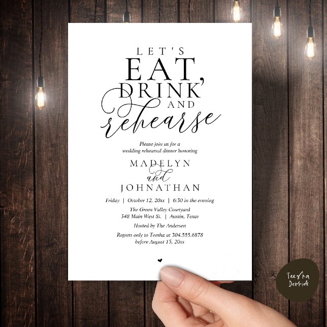 Invitación "Let's eat, drink and rehearse", Rehearsal Dinner ("Let's eat, drink and rehearse", Rehearsal Dinner Invitation card in black and white)