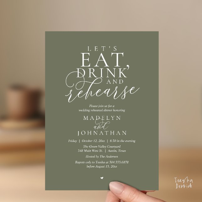 Invitación "Let's eat, drink and rehearse", Rehearsal Dinner ("Let's eat, drink and rehearse", Rehearsal Dinner Invitation card in olive sage green)