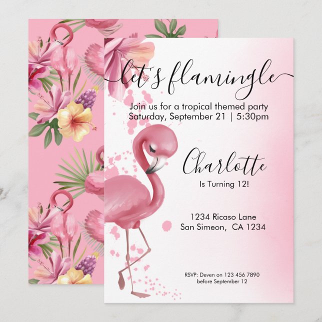 Invitación Lets Flamingle Flamingo rosa tropical Cumpleaños (Anverso / Reverso)