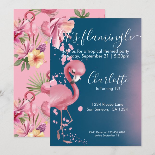 Invitación Lets Flamingle Flamingo rosa tropical Cumpleaños (Anverso / Reverso)