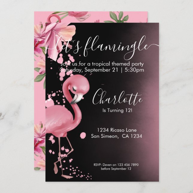 Invitación Lets Flamingle Flamingo rosa tropical Cumpleaños (Anverso / Reverso)