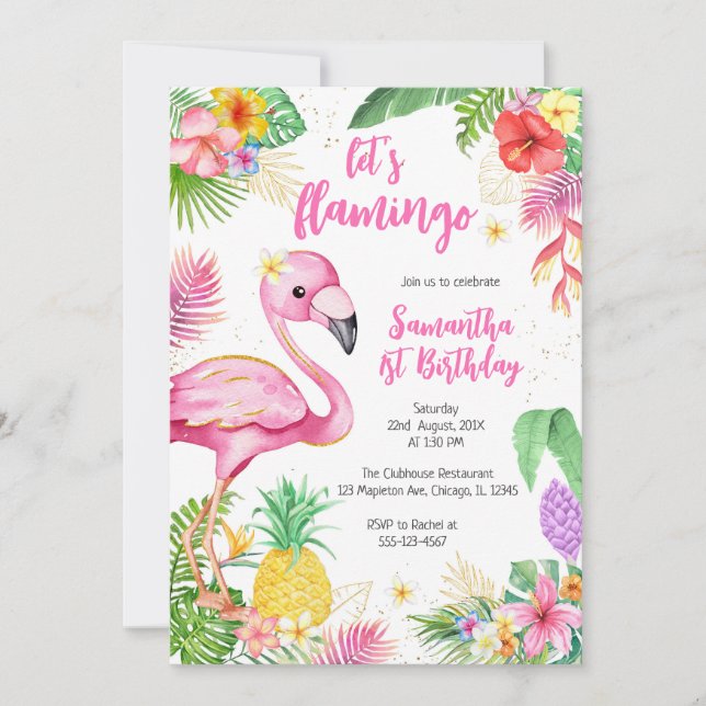 Invitación Let's Flamingle Pink Girl Tropical Birthday (Anverso)