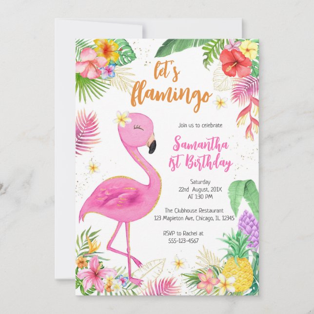 Invitación Let's Flamingle Pink Girl Tropical Birthday (Anverso)