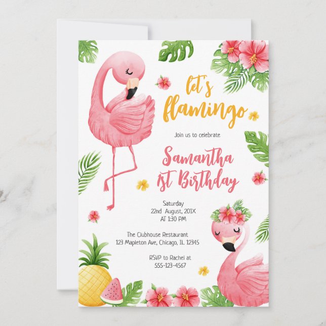 Invitación Let's Flamingle Pink Girl Tropical Birthday (Anverso)