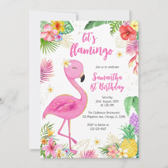 Invitación Let's Flamingle Pink Girl Tropical Birthday (Anverso)