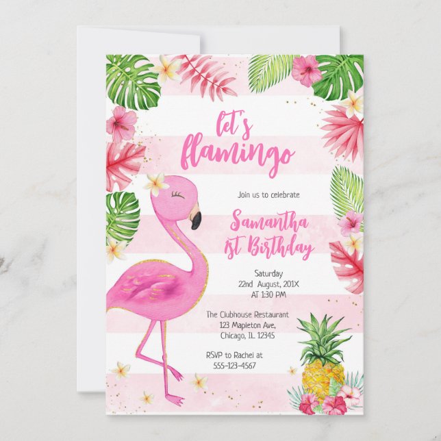 Invitación Let's Flamingle Pink Girl Tropical Birthday (Anverso)