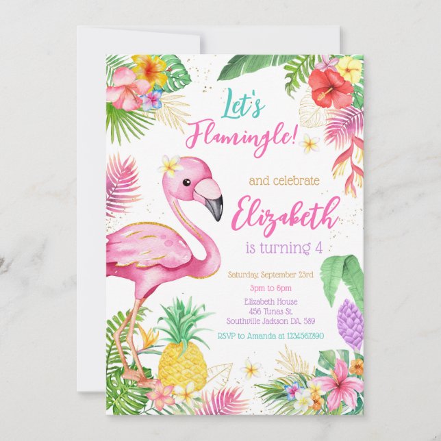 Invitación Let's Flamingo Flamingle Tropical Birthday  (Anverso)