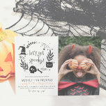 Invitación Let's Get Spooky Halloween Any Age Photo Birthday<br><div class="desc">Halloween birthday party invitations. This modern design features a hand-drawn frame of Halloween elements: a spider, cobwebs, a black cat, a witch's hat, a skull, bones, candy, and more! Inside, it reads "let's get spooky!" in a cute decorative font. Below that, the event information starts with "Join us for a...</div>