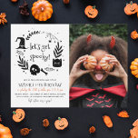 Invitación Let's Get Spooky Halloween Any Age Photo Birthday<br><div class="desc">Halloween birthday party invitations. This modern design features a hand-drawn frame of Halloween elements: a spider, cobwebs, a black cat, a witch's hat, a skull, bones, candy, and more! Inside, it reads "let's get spooky!" in a cute decorative font. Below that, the event information starts with "Join us for a...</div>