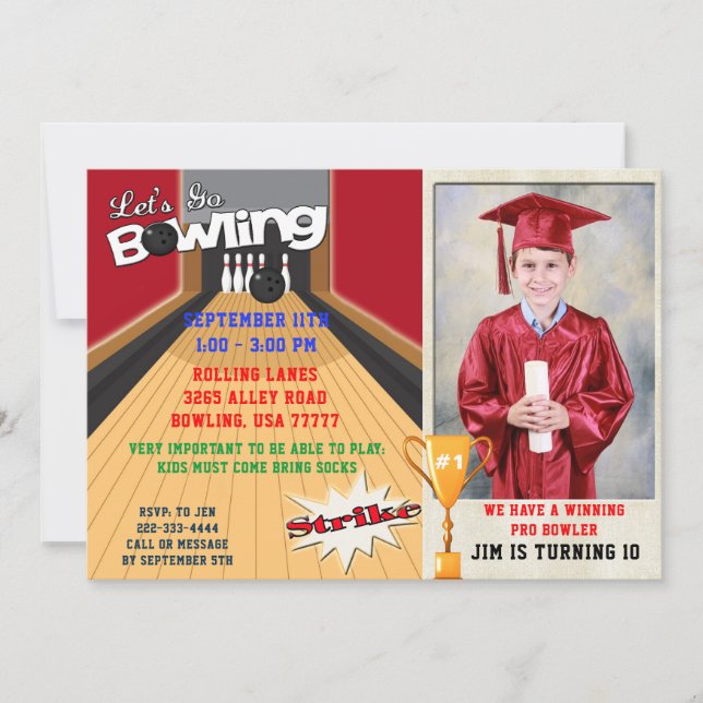 Invitación Let's Go Bowling Red Boys Birthday Photo Invite (Anverso)