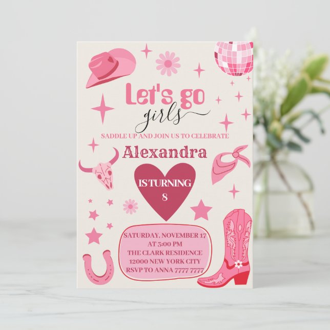 Invitación Let's Go Chicas Pink disco Cowgirl cumpleaños (Anverso de pie)