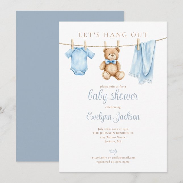 Invitación Let's Hang Out Blue Boy Clothesline Baby Shower (Anverso / Reverso)