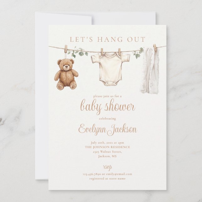 Invitación Lets Hang Out Clothesline Neutral Baby Shower (Anverso)