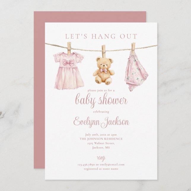 Invitación Lets Hang Out Pink Girl Clothesline Baby Shower (Anverso / Reverso)