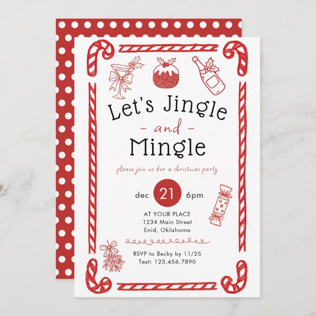 Invitación Let's Jingle and Mingle Red Doodle Holiday Party (Anverso / Reverso)