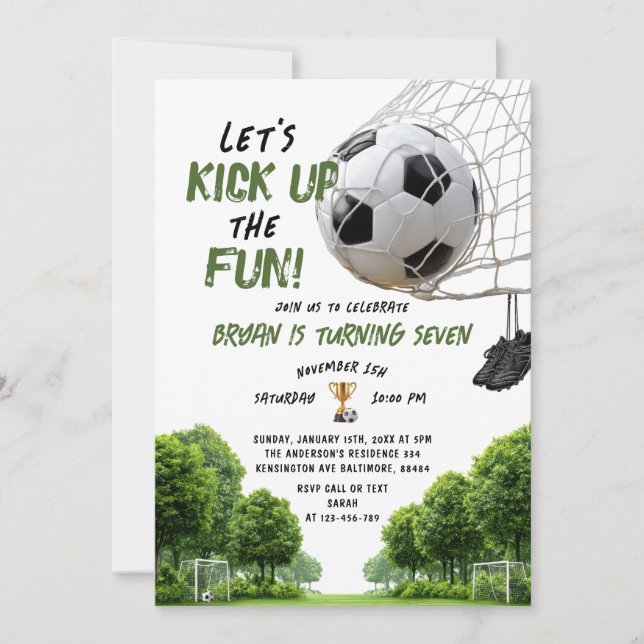 Invitación Let's Kick Up the Fun Boy Kids Soccer Birthday (Anverso)