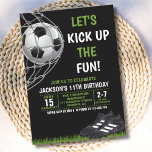 Invitación Let's Kick up the fun!, Funny Soccer Birthday<br><div class="desc">Festeja a tu hijo o Hija Futbolista con este lindo diseño para cumpleaños de niños o niñas futbolistas con colores verde y negro y la imagen de un balon de soccer anotando un gool!!, En el diseño tiene todos los datos necesarios para tu fiesta con tematica de futbol soccer para...</div>