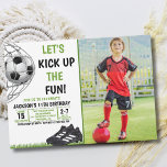 Invitación Let's Kick up the fun!, Funny Soccer Birthday<br><div class="desc">Festeja a tu hijo o Hija Futbolista con este lindo diseño para cumpleaños de niños o niñas futbolistas con colores verde y negro y la imagen de un balon de soccer anotando un gool!!, En el diseño tiene todos los datos necesarios para tu fiesta con tematica de futbol soccer para...</div>