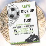 Invitación Let's Kick up the fun!, Funny Soccer Birthday<br><div class="desc">Festeja a tu hijo o Hija Futbolista con este lindo diseño para cumpleaños de niños o niñas futbolistas con colores verde y negro y la imagen de un balon de soccer anotando un gool!!, En el diseño tiene todos los datos necesarios para tu fiesta con tematica de futbol soccer para...</div>