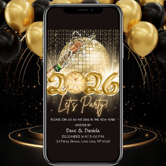 Invitación Lets Party Black Gold New Year Eve 2026 Invitation