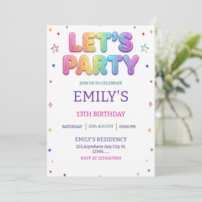 Invitación Let's Party Colorful Birthday Party (Anverso de pie)