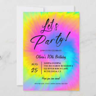 Invitación Let's Party  Colorful Tie Dye birthday 