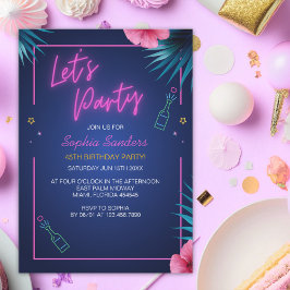 Invitación Let's Party Neon Electric Pink Birthday 