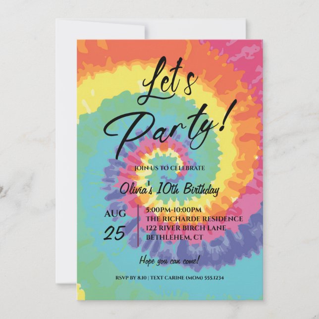 Invitación Let's Party, Pink Tie Dye birthday  (Anverso)