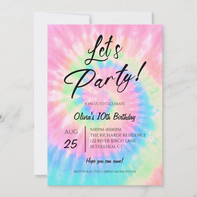 Invitación Let's Party, Pink Tie Dye birthday party (Anverso)