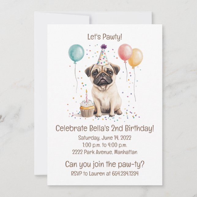 Invitación Let's Pawty Birthday Pug Dogs Cupcake (Anverso)