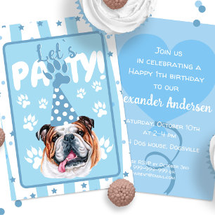 Invitación Let's pawty bulldog ilustracion azul Cumpleaños