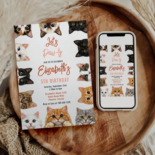 Invitación Let's Pawty Cat 5th Birthday | Custom Birthday Kid (Let's Pawty Cat 5th Birthday | Birthday Kid Invitation
)