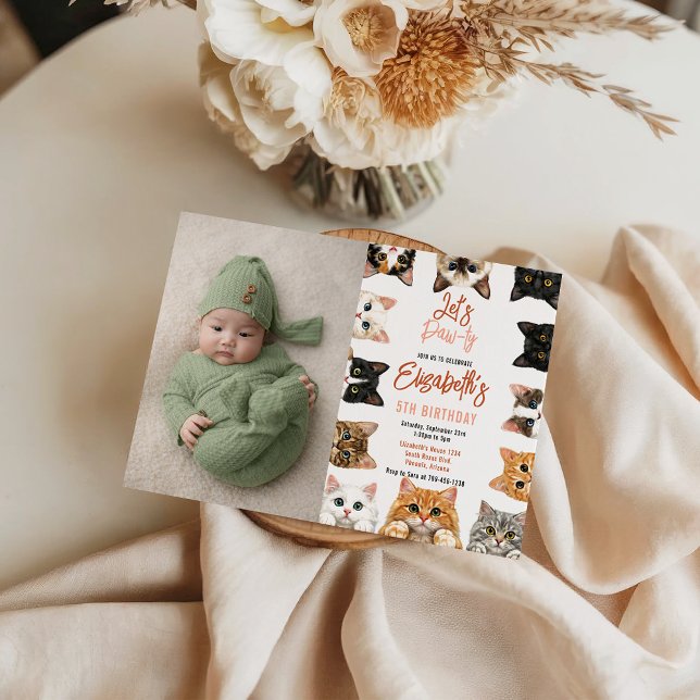 Invitación Let's Pawty Cat 5th Birthday | photo Birthday Kid (Let's Pawty Cat 5th Birthday | photo Birthday Kid Invitation
)