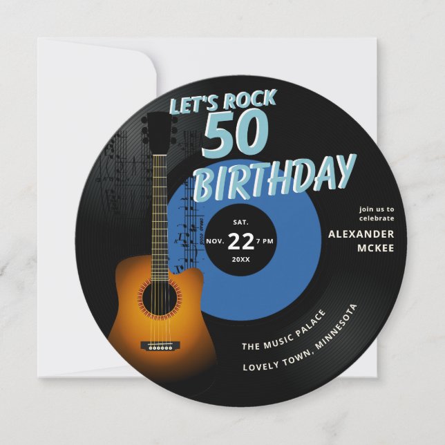 Invitación Let's Rock Guitar Music Notes Blue 50th Birthday (Anverso)