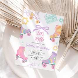 Invitación Lets Roll Roller Skate Skating Bow Girl Birthday