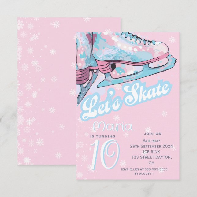 Invitación "Let's skate" figure ice skating birthday party (Anverso / Reverso)