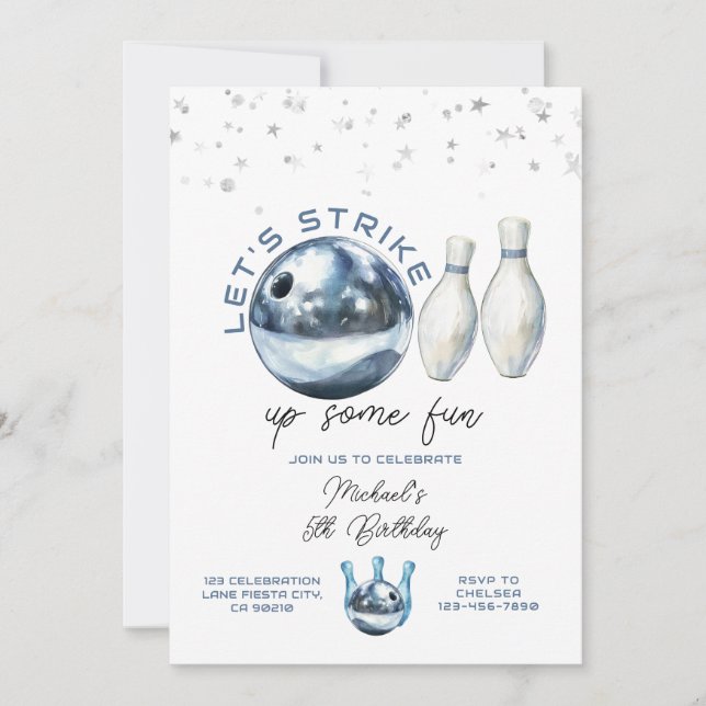 Invitación Let's Strike Boy 5th Galaxy bowling birthday party (Anverso)