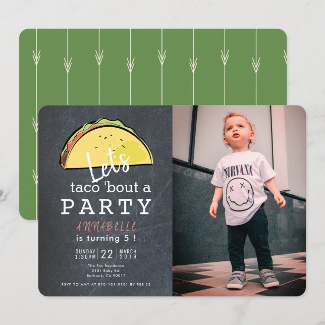 Invitación Let's Taco Bout A Fiesta Chalkboard Photo Birthday (Anverso / Reverso)