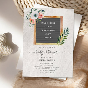 Invitación Letterboard Boho Floral Girl Baby Shower Invitatio