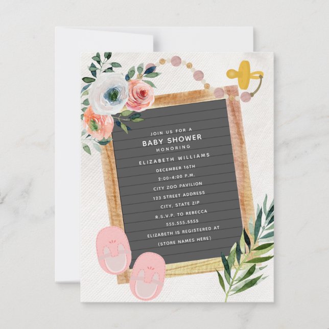 Invitación Letterboard Shoes Pacifier Chica Floral Baby Showe (Anverso)