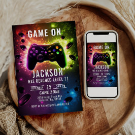 Invitación ¡Levántate! Neon Video Game Birthday Party