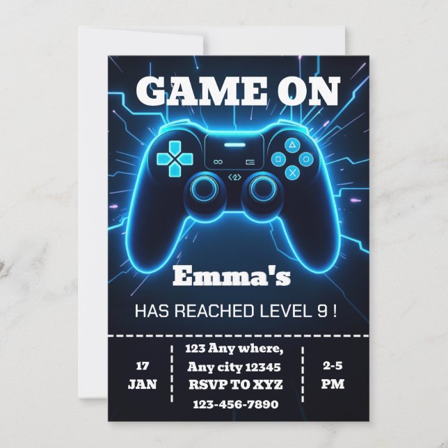 Invitación Level Up Gamer Birthday Invitation – Neon Game (Anverso)