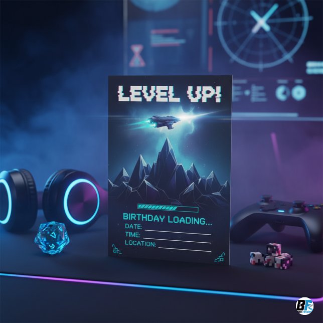 Invitación Level Up Gamer Space Sci-Fi Glitch Birthday (GAMING BIRTHDAY CARD)