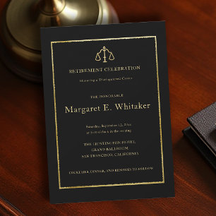 Invitación Ley Abogado Juez Oro Negro Jubilación Elegante