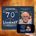 Invitación Leyenda 70th Birthday Photo Blue Vintage<br><div class="desc">Crea una invitación especial de cumpleaños para un legendario! El diseño azul vintage de esta invitación parece atemporal y elegante, además puedes añadir tu foto favorita de la persona de cumpleaños para hacer la invitación aún más personalizada. Infórmele a sus huéspedes que están invitados a un evento verdaderamente especial: ¡el...</div>
