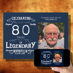 Invitación Leyenda 80th Birthday Photo Blue Vintage<br><div class="desc">Celebra la vida de un individuo extraordinario con una invitación de cumpleaños única inspirada en la cosecha azul y blanca. Muestra una foto favorita del legendario individuo y su historia de vida con esta invitación única. Invitar a la familia y amigos a que vengan y tomen parte en la celebración...</div>
